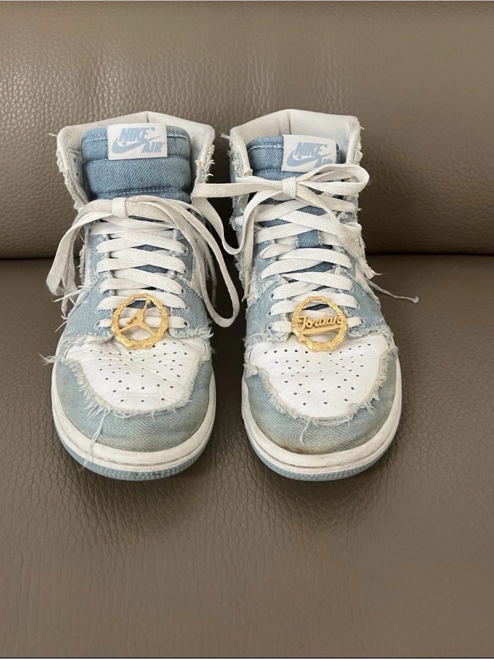 Nike Kids or Women’s Light Blue and White High-Top Sneakers with Gold Charm
